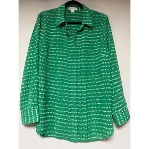Coldwater Creek Blouse Womens 14 Green Excellent Dotted Stripe Button Down 9163